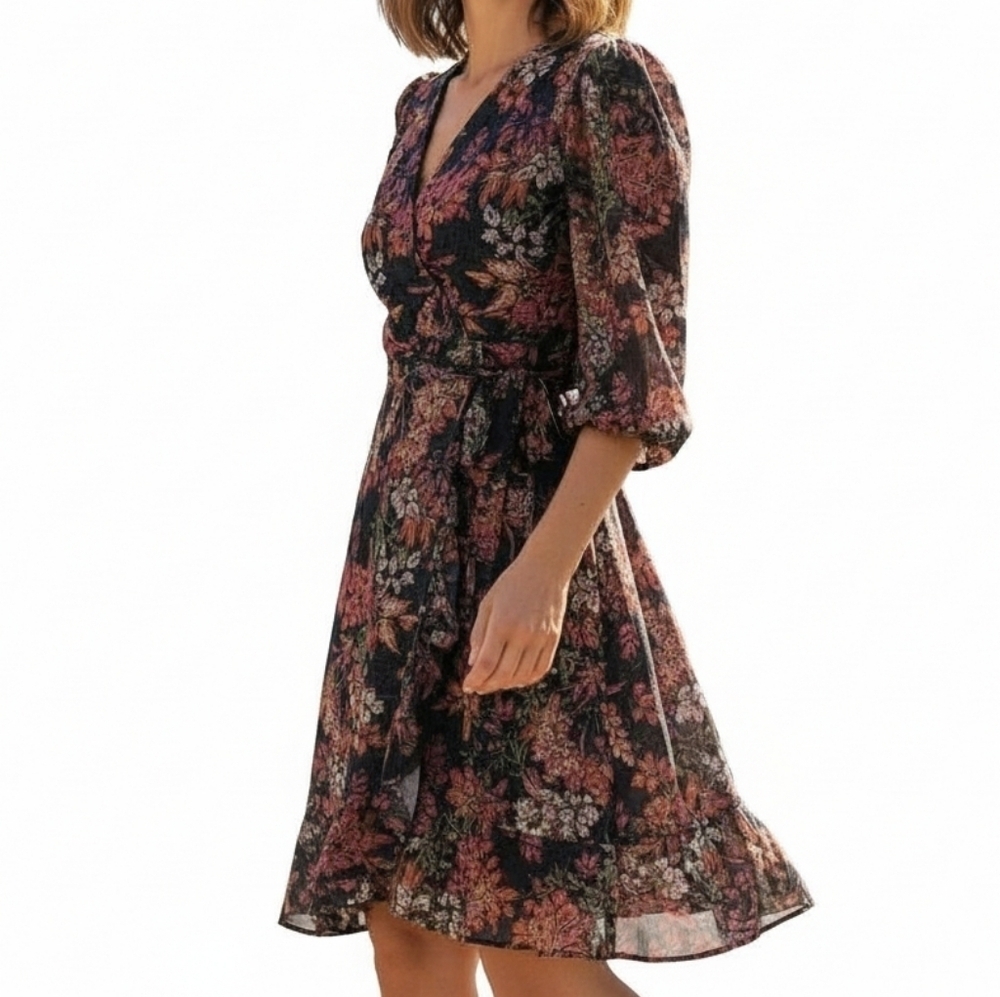 Danny & Nicole Faux Wrap Dress Size 8 Lace Overlay Ruffle Belted Puff Shoulder